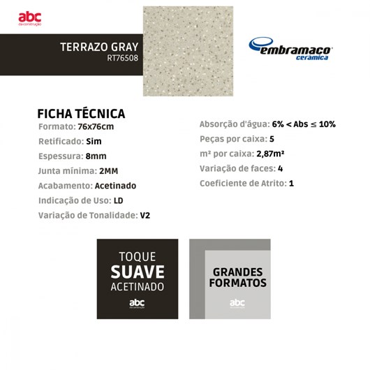 Piso Embramaco Terrazo Gray 76x76cm Retificado  - Imagem principal - 17621112-2723-4dff-8f8d-fb8972eae272