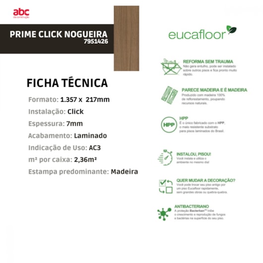 Piso Laminado Eucafloor Prime Click Nogueira Natural 21,7x135,7cm - Imagem principal - 00a633d7-ab79-44cc-b683-c986a4a8be09