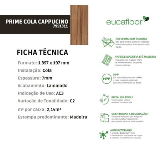 Piso Laminado Eucafloor Prime Cola Cappuccino 10 19,7x135,7cm  - Imagem principal - 4e80567a-eb7f-4d73-9bb2-6c9d1ff447c7