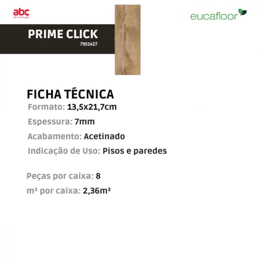 Piso Laminado Prime Click Cappuccino 10 Eucafloor 21,7x135,7cm Click - Imagem principal - 94e3eab6-ca8f-49b5-a73c-8e3176465fd7