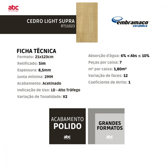 Piso Retificado Cedro Light Supra Rt11023 A/ld Embramaco 21x123cm - Imagem principal - e839dbbd-8b62-48b9-b310-08532131e077