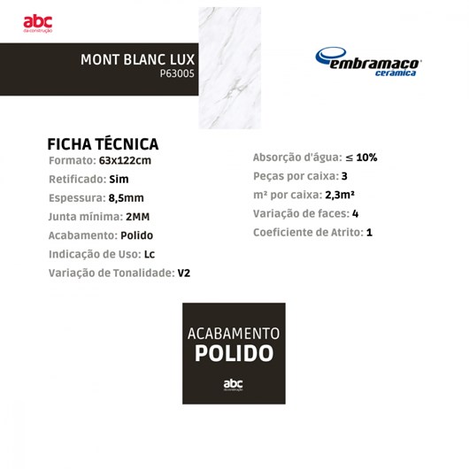 Piso Retificado Mont Blanc Lux A/lc Embramaco 63x122cm - Imagem principal - b29ca8d3-c99a-4b31-85e5-8147aa798da9