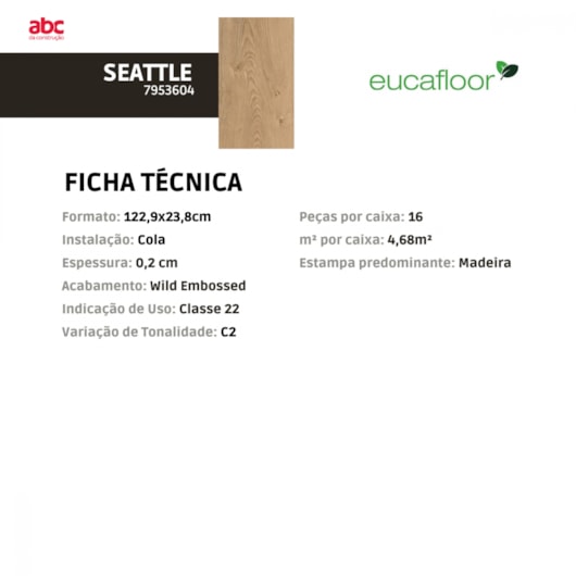 Piso Vinílico Eucafloor Basic Seatle 23,8x122,9cm LVT - Imagem principal - bdbbe461-ffd3-4759-99f9-c66507195ccc