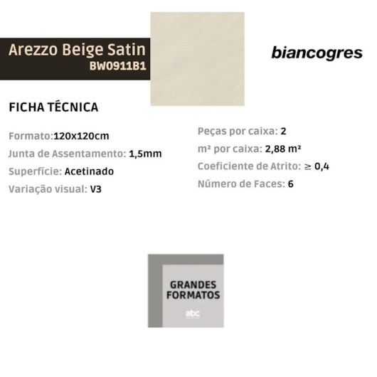 Porcelanato Biancogres Arezzo Beige Acetinado 120x120cm Retificado - Imagem principal - 523df362-a03e-4a47-8ec5-97e4d4de18c9