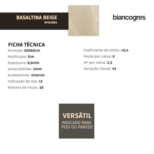 Porcelanato Biancogres Basaltina Beige Externo 60x60cm Retificado - Imagem principal - 7f362382-890b-413c-ae79-4cb71a602467