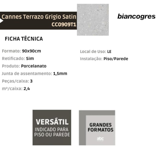 Porcelanato Biancogres Cannes Terrazzo Grigio Satin 90x90cm Retificado - Imagem principal - cfbba990-9eb0-4691-b130-56053c8488e8