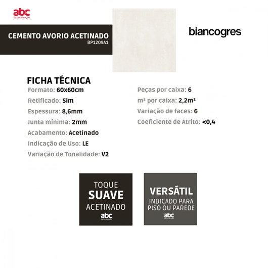 Porcelanato Biancogres Cemento Avorio Acetinado 60x60cm Retificado  - Imagem principal - 6388b70e-d0ea-4908-a458-39b0bfd9dba2