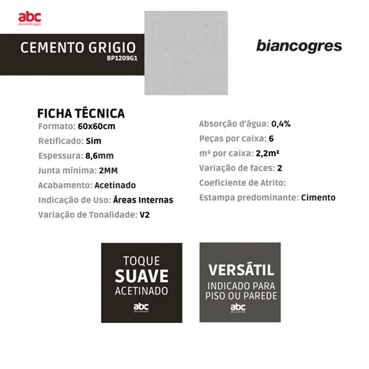 Porcelanato Biancogres Cemento Grigio Cinza Acetinado 60x60cm Retificado  - Imagem principal - 88e1f360-2e8d-4224-ba77-a7dab1c8abff