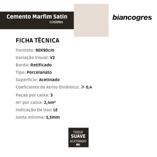Porcelanato Biancogres Cemento Marfim Satin Acetinado 90x90cm Retificado - Imagem principal - f212f01f-a8de-4137-b7bc-eee839087454