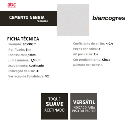 Porcelanato Biancogres Cemento Nebbia Acetinado Cinza 90x90cm Retificado  - Imagem principal - b3c7cc38-328c-469b-99e3-aed7d2c829f5