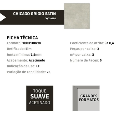 Porcelanato Biancogres Chicago Grigio Satin 100x100cm Retificado - Imagem principal - 3073eb8c-04ea-4371-83ca-7ca664dc192b