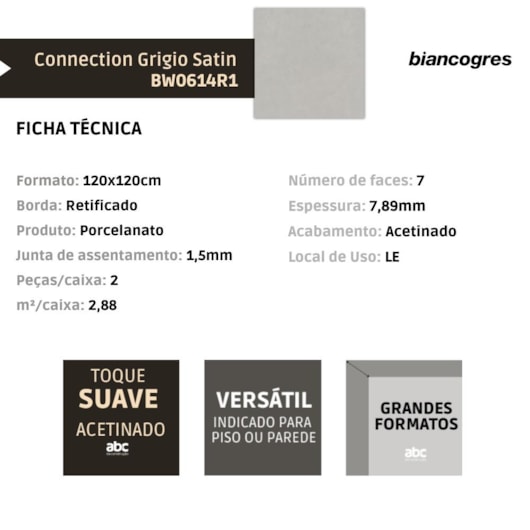 Porcelanato Biancogres Connection Grigio Satin Acetinado 120x120cm Retificado - Imagem principal - 07c715ab-f440-476c-a976-23bf86d2cb3a