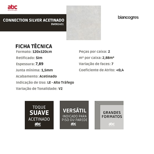 Porcelanato Biancogres Connection Silver Acetinado Cinza 120x120cm Retificado  - Imagem principal - 93b99f5b-c8b5-4501-a7eb-34e495f7fe57