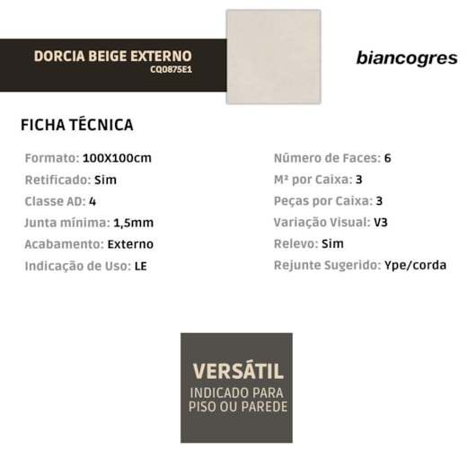 Porcelanato Biancogres Dorcia Beige Externo 100x100cm Retificado - Imagem principal - 69b60a2a-3c5d-4bb4-971a-bc57ed1b84dc