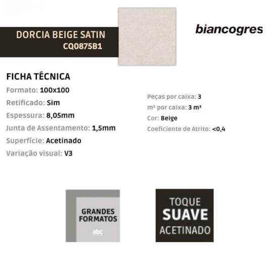 Porcelanato Biancogres Dorcia Beige Satin Acetinado 100x100cm Retificado - Imagem principal - 0052e783-567a-45a2-a437-47ceb324f75c