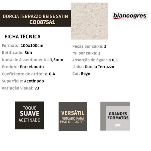 Porcelanato Biancogres Dorcia Terrazzo Beige Satin 100x100cm Retificado - Imagem principal - 64fc47a1-6f3f-4ebb-a3dc-8c05544c7225