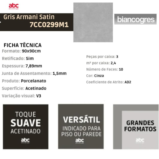 Porcelanato Biancogres Gris Armani Satin Retificado 90x90cm - Imagem principal - bc56f331-4912-4936-8641-10e867af86ed