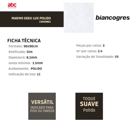 Porcelanato Biancogres Marmo Egeu Lux Polido 90x90cm Retificado - Imagem principal - 4d646cd9-6417-4e7a-9d64-e05a0f82a96d