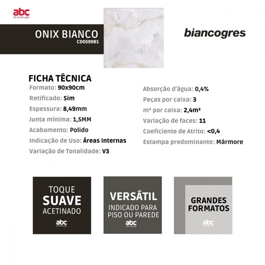 Porcelanato Biancogres Onix Bianco Polido 90x90cm Retificado  - Imagem principal - ed75d4ca-4ad9-4ed9-ab14-331490e575d1