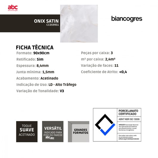 Porcelanato Biancogres Onix Bianco Satin Acetinado Bege 90x90cm Retificado  - Imagem principal - bcae8f05-faac-4ad2-a912-f2944cab6094