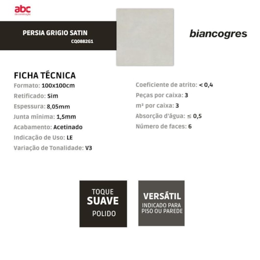 Porcelanato Biancogres Persia Grigio Satin Acetinado 100x100cm Retificado - Imagem principal - 10616763-23d7-460b-b3bd-c761676556f3