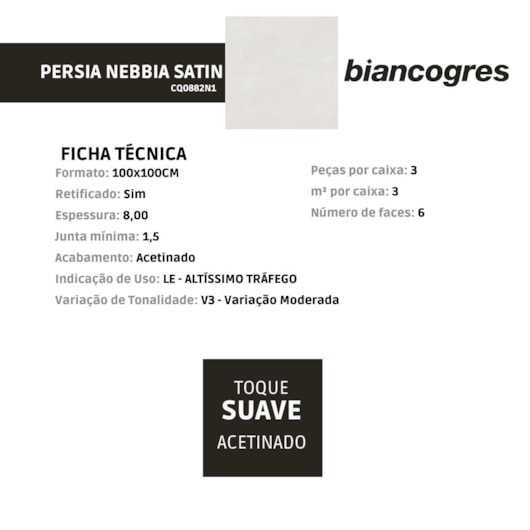 Porcelanato Biancogres Persia Nebbia Satin 100x100cm Retificado - Imagem principal - 76cfa9d6-fee9-48ec-9ebe-add68827bb2c