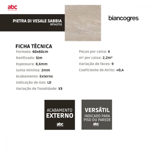 Porcelanato Biancogres Pietra Di Vesale Sabbia Externo 60x60cm Retificado  - Imagem principal - 17d59bbb-09a1-47c0-9a48-deb855e9cdda