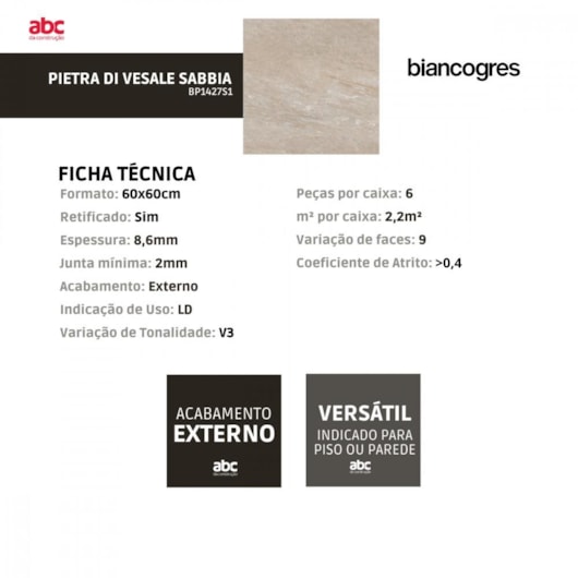 Porcelanato Biancogres Pietra Di Vesale Sabbia Externo 60x60cm Retificado - Imagem principal - 925738d8-5fc0-40d4-94e6-c623753d2f12