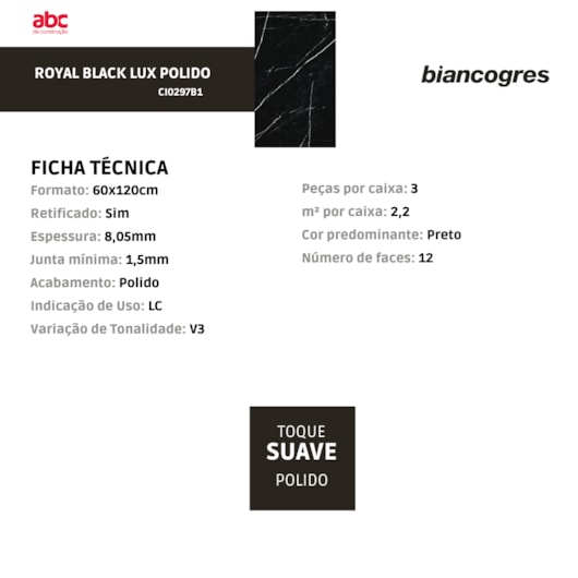 Porcelanato Biancogres Royal Black Lux Polido 60x120cm Retificado  - Imagem principal - 518ce949-8ae8-4a9d-8ed6-b18aef270d72