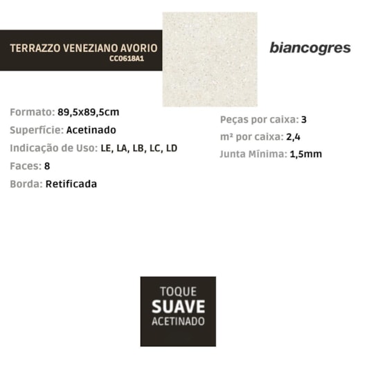 Porcelanato Biancogres Terrazzo Veneziano Avorio Acetinado 89,5x89,5cm Retificado - Imagem principal - 04434eb2-dbeb-42e4-a660-8eebd6ec23e5