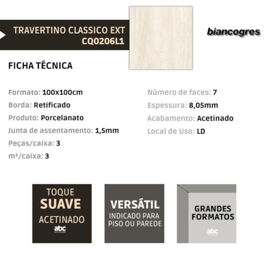 Porcelanato Biancogres Travertino Clássico Externo 100x100cm Retificado - Imagem principal - b98a451a-3b76-458a-9974-46dc06221e49