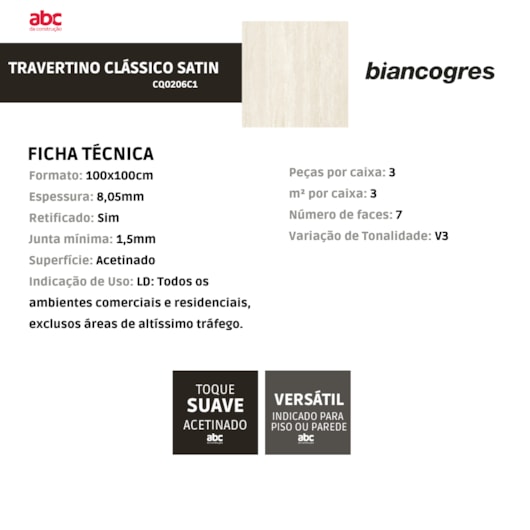 Porcelanato Biancogres Travertino Clássico Satin 100x100cm Retificado - Imagem principal - f53c09fe-741d-4070-bf81-3a905d716d64