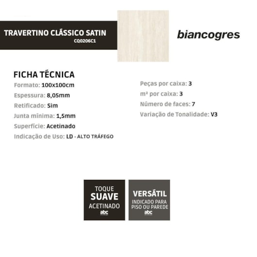Porcelanato Biancogres Travertino Clássico Satin 100x100cm Retificado - Imagem principal - 20894d8f-1c2b-411b-98c0-2d21c50e920f