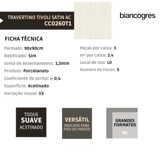Porcelanato Biancogres Travertino Tivoli Satin Acetinado 90x90cm Retificado - Imagem principal - 04d7c457-da29-4c97-ac67-8558d2cc4e63
