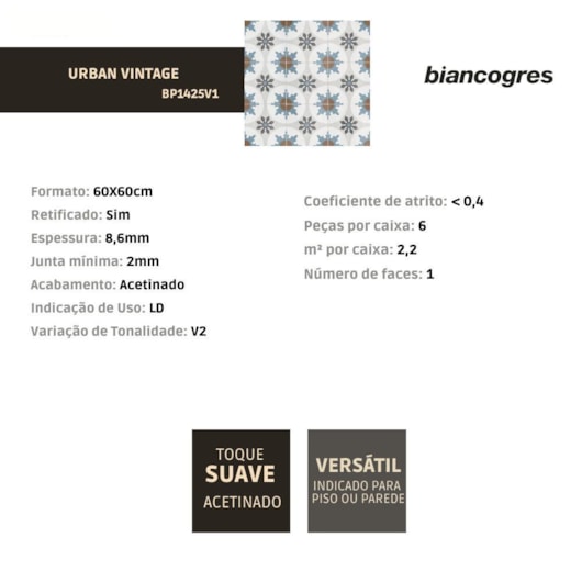 Porcelanato Biancogres Urban Vintage Acetinado 60x60cm Retificado - Imagem principal - 303e0229-93b9-428b-a5c4-992abc233a33