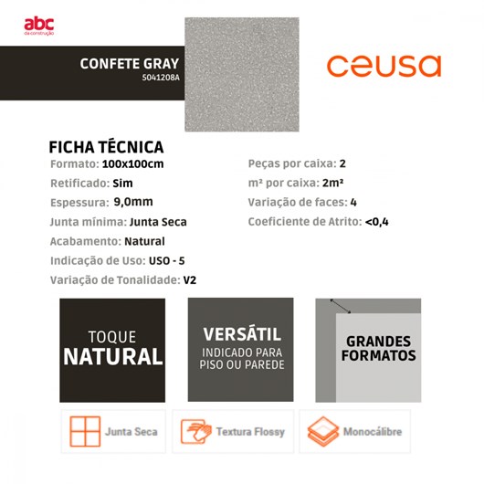Porcelanato Ceusa Confete Gray Natural Cinza 100x100cm Retificado - Imagem principal - 125573d1-3adf-43bb-b389-ec3d06dcbe1a