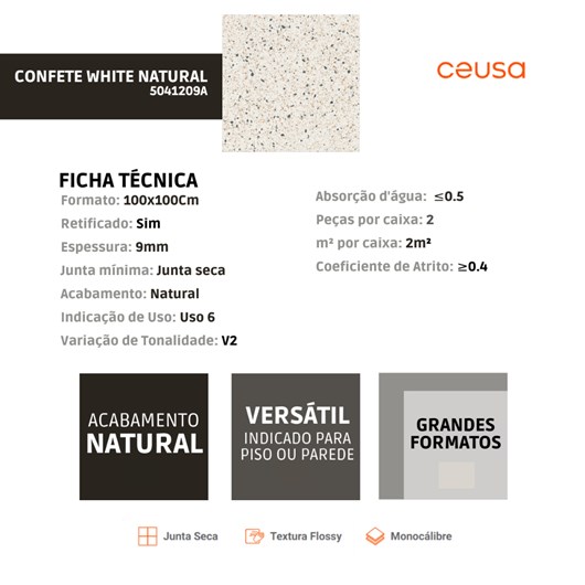 Porcelanato Ceusa Confete White Natural 100x100cm Retificado  - Imagem principal - a74f0d1c-1b00-4592-8084-0e3a23d4ca09