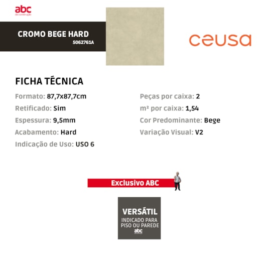 Porcelanato Ceusa Cromo Bege Hard 87,7x87,7cm Retificado  - Imagem principal - 881af0fd-6705-42d5-a00d-2ad290b99eb2