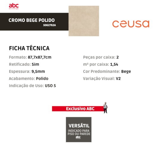 Porcelanato Ceusa Cromo Bege Polido 87,7x87,7cm Retificado  - Imagem principal - 015b99d2-0360-4550-b92d-56b28d485a13