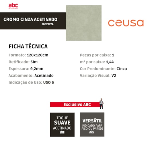 Porcelanato Ceusa Cromo Cinza Acetinado 120x120cm Retificado - Imagem principal - f07d9f09-b305-428e-b4e2-c6a7ce3367f9