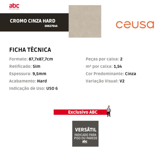 Porcelanato Ceusa Cromo Cinza Hard 87,7x87,7cm Retificado  - Imagem principal - 80655bba-aee7-4629-a9c2-b14474650d78