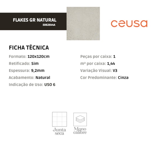 Porcelanato Ceusa Flakes GR Natural 120x120cm Retificado - Imagem principal - dcbb83e3-b49e-47cd-8dbc-c493117e4495