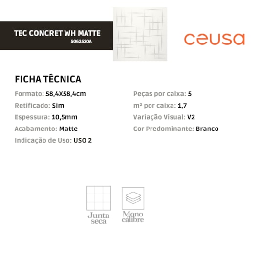 Porcelanato Ceusa Tec Concret Wh Matte 58,4x58,4cm Retificado  - Imagem principal - ea546320-a9af-45d5-9db3-c7c8a80c4161