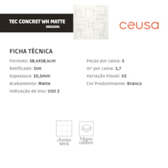 Porcelanato Ceusa Tec Concret Wh Matte 58,4x58,4cm Retificado