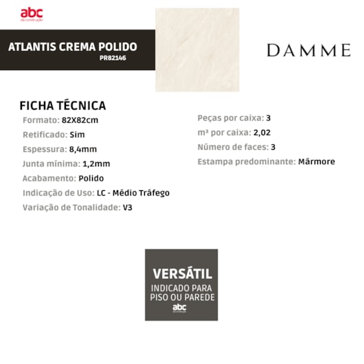 Porcelanato Damme Atlantis Crema Polido 82x82cm Retificado - Imagem principal - 958376e3-be3c-4259-9774-66bdc3fc2660