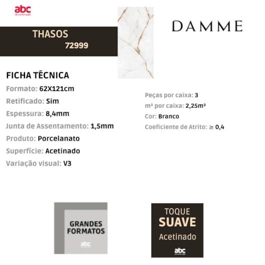 Porcelanato Damme Thasos Acetinado 62x121cm Retificado - Imagem principal - f37ef432-0aef-4dc1-b73b-acd10396c1c1