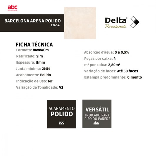 Porcelanato Delta Barcelona Arena Polido 84x84Cm Bege Retificado  - Imagem principal - cf1f849e-2df4-4851-b07f-1c329bc3e220