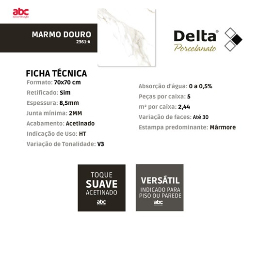 Porcelanato Delta Marmo Douro Acetinado Mármore 70x70cm Retificado  - Imagem principal - f8099fd2-8067-4e88-ae91-7a326c64d602