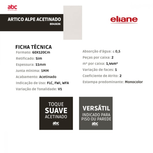 Porcelanato Eliane Artico Alpe Acetinado 60x120cm Retificado - Imagem principal - f3e7fe81-9f1d-4b7c-a3a2-60c40c9a75a6