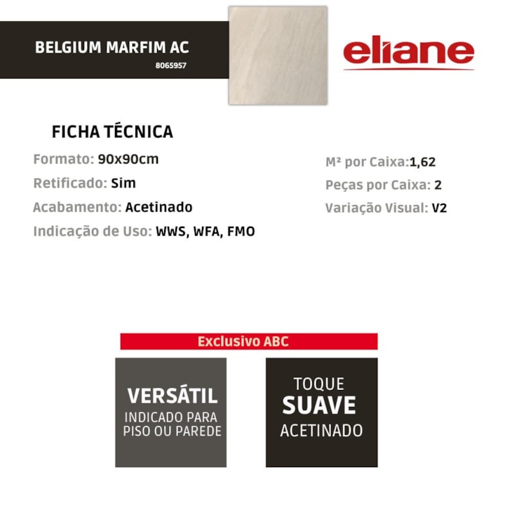Porcelanato Eliane Belgium Marfim Acetinado 90x90cm Retificado